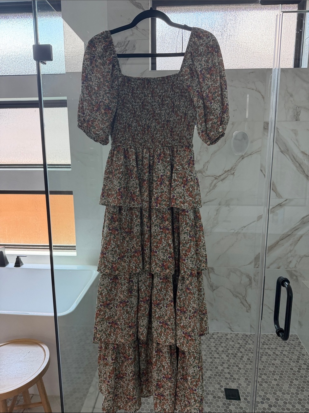 Baltic Born Beige Floral Tiered Maxi Dress with Puff Sleeves
